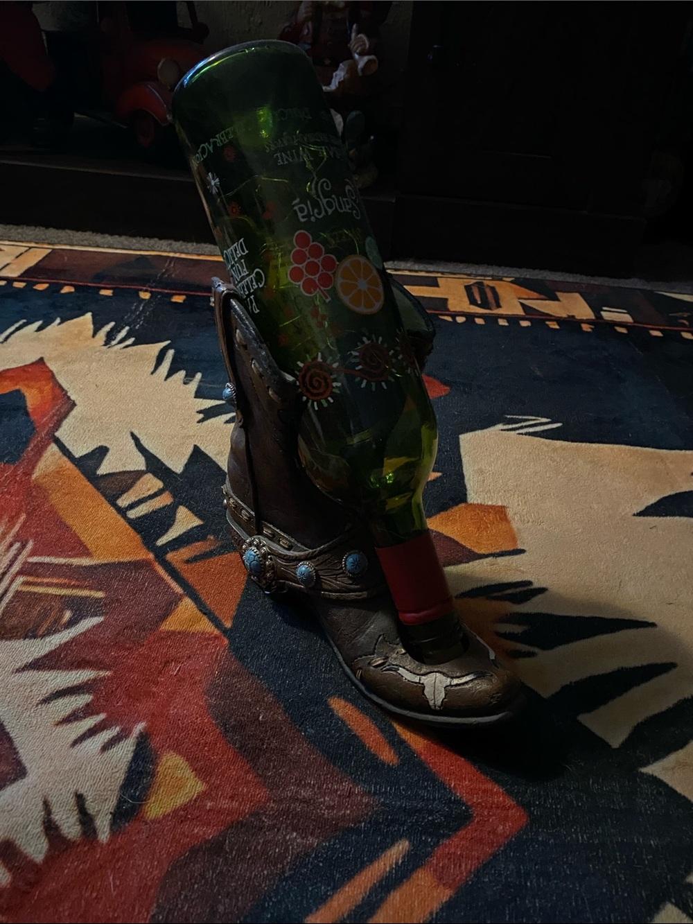 Brown Leather Western Boot Decorative Cow Skull Wine Bottle Holder